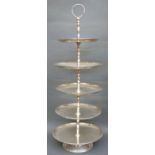 A silver plated five tier cake stand with loop handle,