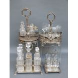 Two silver plated cruet sets and a further two stands with glasses