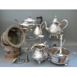 Two silver plated wine coasters, chamber stick, tea set,