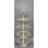 A silver plated five tier cake stand with loop handle,