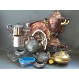 A copper and brass samovar, silver plated tea ware, copper tray,