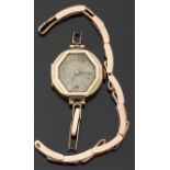 Enila 9ct gold ladies wristwatch with blued hands, Arabic numerals,