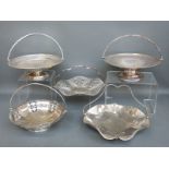 Five silver plated swing handled serving dishes or baskets including a circular Mappin & Webb