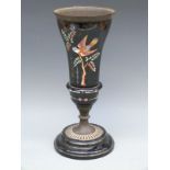 A Victorian metal / toleware pedestal torchere or vase with enamelled bird decoration,