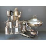A collection of silver plated items including two pairs of 19thC plated candlesticks,