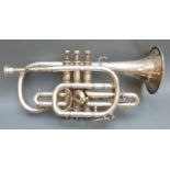 Hawkes silver plated cornet, inscribed 'The Clippertone Excelsior Sonorous Class A, Hawkes & Son,