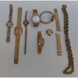 Seven various wristwatches including Dafnis De Luxe, Timex, 9ct gold cased example,