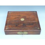 A 19thC inlaid rosewood writing slope with secret drawer and tooled leather interior,