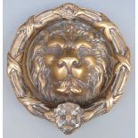 A large brass lion mask door knocker, maximum diameter 25.5cm, 3.