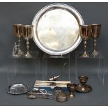 A collection of silver plate to include goblets and tray and two silver napkin rings
