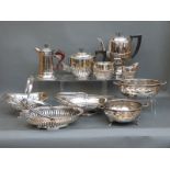 A collection of silver plated ware including a four piece tea set, baskets etc,