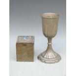 A pewter tea caddy with Ruskin cabochon (H10 x W8.5 x D8.