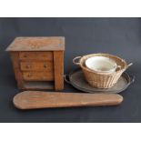 An oak Wellington table top chest of drawers, silver plated tray,