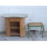 Art Deco birch style kidney shaped dressing table with glass top (W90 x D50 x H77cm) and a painted