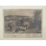 Birket Foster signed etching sheep being driven through a gate,