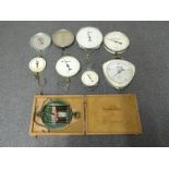 Nine Salter & other dial type spring balances or scales including an example to weigh fish with net