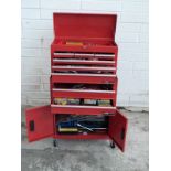 Snap on style Redline toolbox and contents including spanners, screwdrivers, many car repair tools,