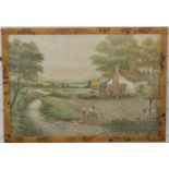 C Hoult watercolour of farmstead with woman and child feeding fowl,
