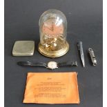 1945 Hudson military whistle, Ronson lighter pen, cigarette case, Fero wristwatch, clock,