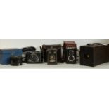 A quantity of cameras including large Eastman box camera, Lubitel 2 TLR camera,