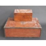 An architect's or similar box with fretwork metal monogram to lid (W56cm) and a 19thC workbox