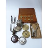 A quantity of collectables including compass, ammeter, Stenda paperclip,