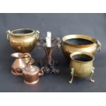 Brass jardinieres and copper items including jug,