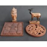 Four hardwood carved items including Benin panel