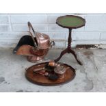 A copper scuttle, inlaid tray, small wine table,
