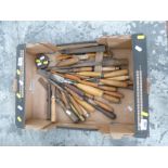 A collection of vintage wood carving chisels, spirit levels etc, names including Rabone,