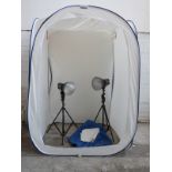 A large (approximately 2M high) Cubelite photography tent and four Lastolite lamps