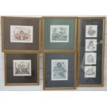Gerald Steffe four signed etchings together with a framed set of four pen and ink sketches also