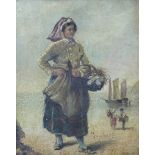 A 19thC oil on board lady on beach with boat beyond,