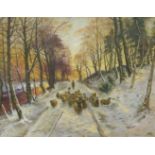 Oil on canvas sheep being driven down a wooded track, signed lower right Farquhurson,