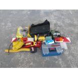 Quantity of vehicle related items to include trolley jacks, trailer light board, mini compressor,