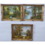 Three framed oil on canvas paintings of trees around lakes (30 x 40cm) together with an oval framed