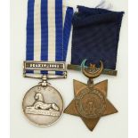 Egypt and Khedives star medal pair, the Egypt medal with Suakin 1885 clasp awarded to 7565 Pte F.