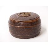 A terracotta tea pot/ box with a metal glaze, inset auspicious symbol decoration and mark to base,