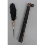 Late 18th / early 19thC plume in black with silver boss and brass stay, length 35cm,