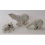 Three Copenhagen and Bing and Grondahl polar bear figures including models 321 and 729