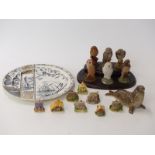 Beswick seal, six Royal Doulton owl figures on stand,