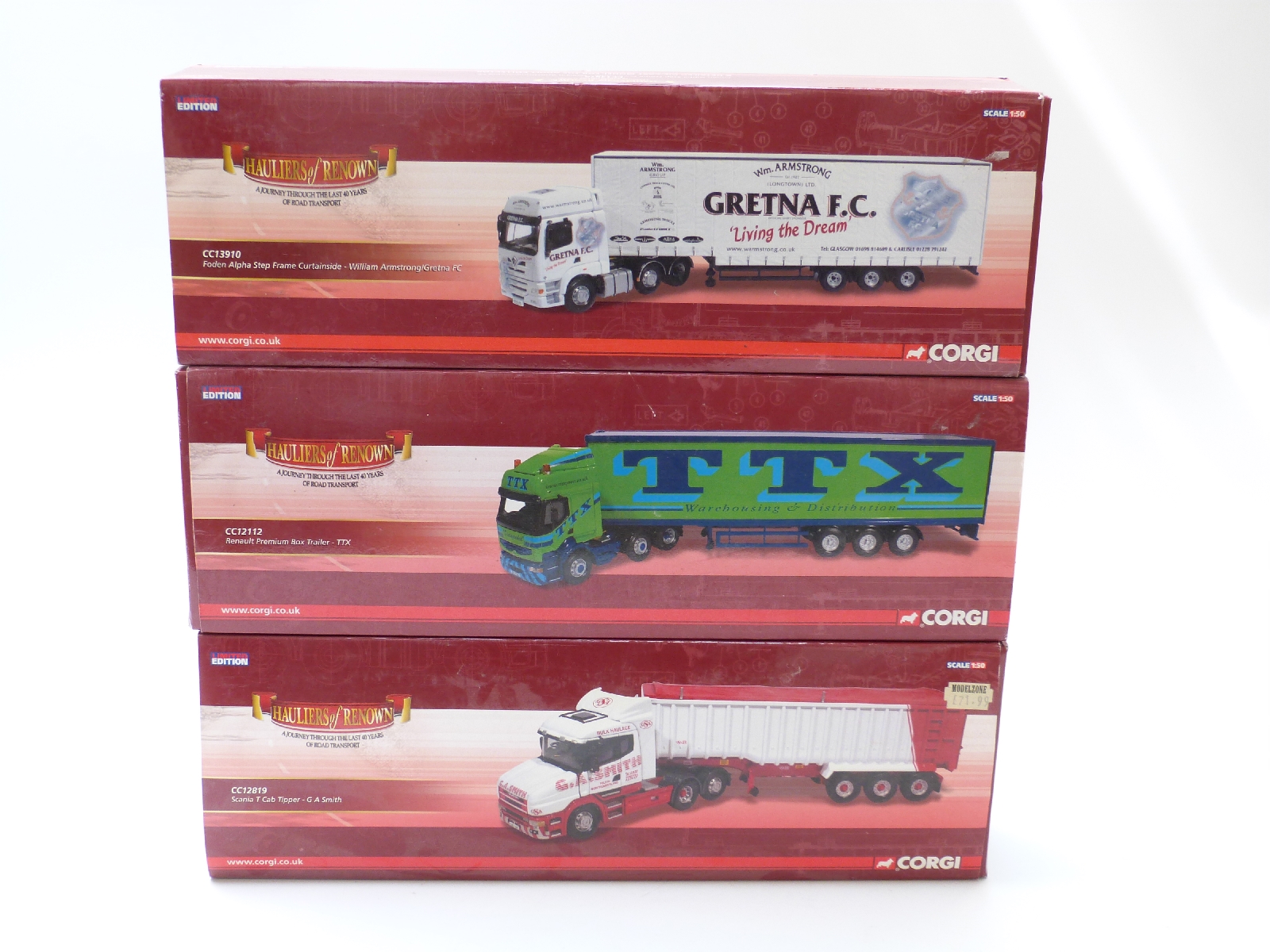 Three Corgi Hauliers of Renown limited edition diecast model lorries comprising G A Smith Scania T