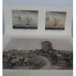 Seven military interest etchings, some coloured, three relating to the Battle of Waterloo,