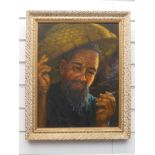 Eastern oil on canvas man with wicker basket, signed lower left Wing,