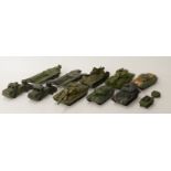 Nine Dinky Toys and Dinky Supertoys diecast model military vehicles including tanks,