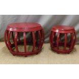 Two red Chinese lacquer coffee tables, largest 60cm diameter x 52cm tall,