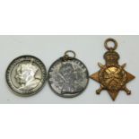 Three medals comprising a WWI 1914-1915 Star named to 13164 Pte. E. Witts Hampshire Regt.