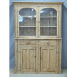 Pine kitchen cupboard or dresser with glazed top section and two cupboards below two drawers to