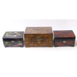 Two Japanese lacquer jewellery boxes and a carved wooden box