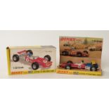 Dinky Toys diecast model Lotus F1 Racing Car with metallic red body, blue engine,